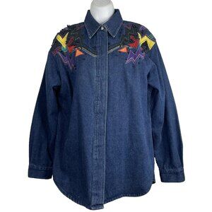 Vintage 80s Cedars Denim Shirt Size M Blue Western Geo Leather Patches Beaded